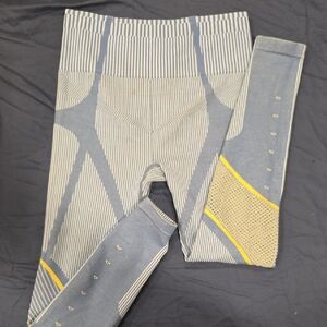 Fabletics Blue and White Striped High-Waist Leggings with Yellow Accents